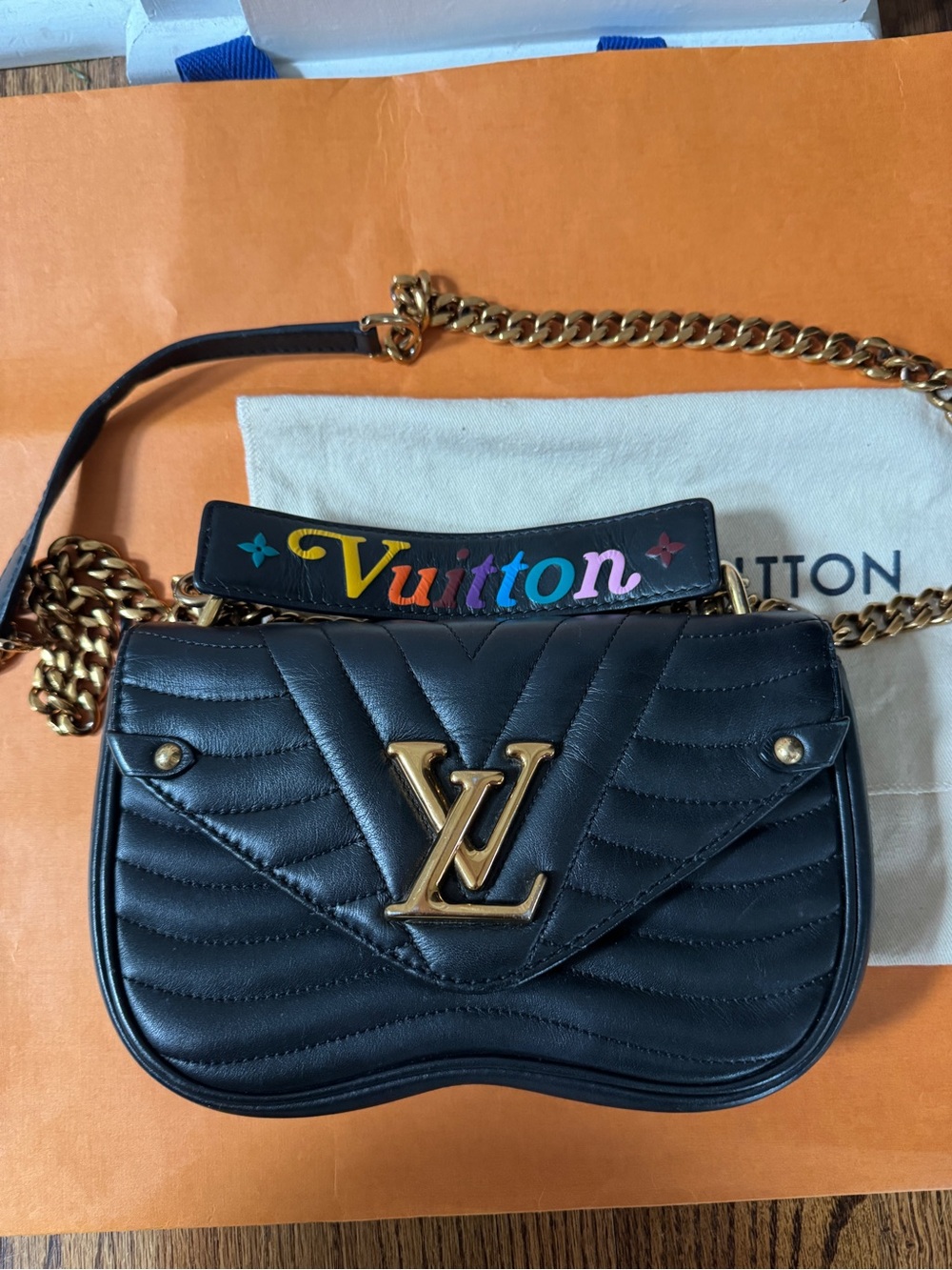Louis Vuitton Black New Wave Quilted Shoulder Bag with Multicolor Vuitton Strap